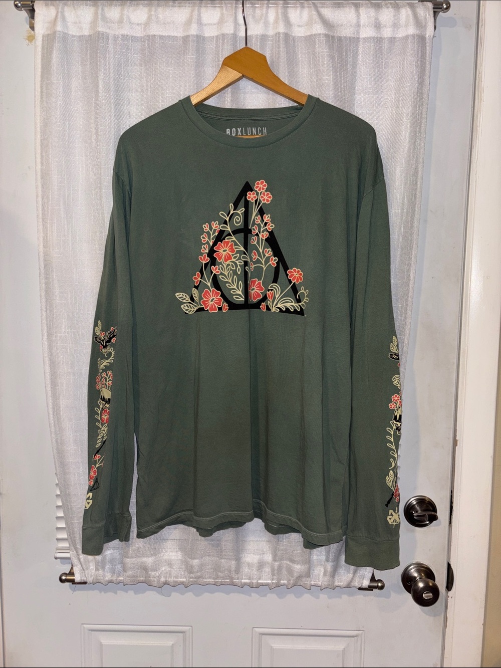 Men's Long Sleeve Harry Potter Deathly Hallows Floral Graphic Tee — Olive Green